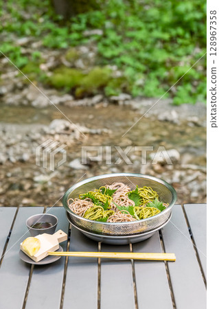 Cold Japanese soba noodles on a summer trip Cold Japanese soba noodles on a summer trip 128967358