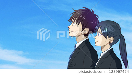 動漫風格的插圖，描繪了一位男女學生或工作的成年人仰望藍天，左側留白 128967434