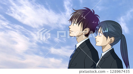 動漫風格的插圖，描繪了一位男女學生或工作的成年人仰望藍天，左側留白 128967435