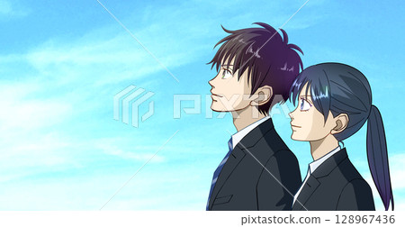Anime-style illustration of a male and female student or working adult looking up at the blue sky, with white space to the left Anime-style illustration of a male and female student or working adult looking up at the blue sky, with white space to the left 128967436