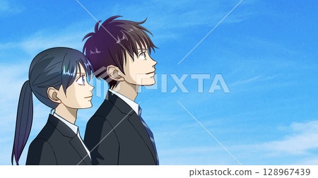 Anime-style illustration of a male and female student or working adult looking up at the blue sky, with white space to the right 128967439