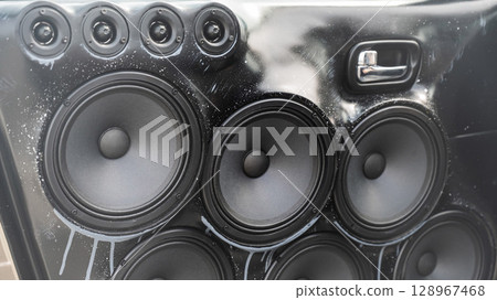 Detailed Close-Up of a Sports Car Gear Shift and Interior Features. Detailed Close-Up of a Sports Car Gear Shift and Interior Features. 128967468