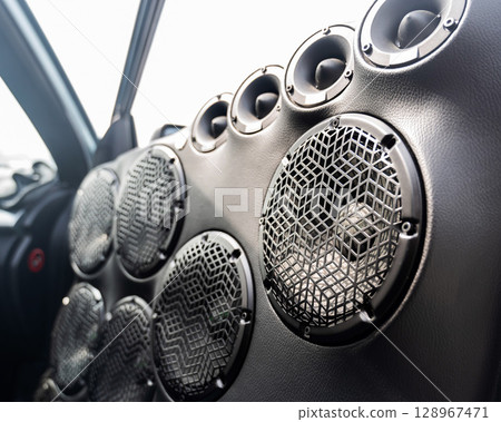 Detailed Close-Up of a Sports Car Gear Shift and Interior Features.  128967471
