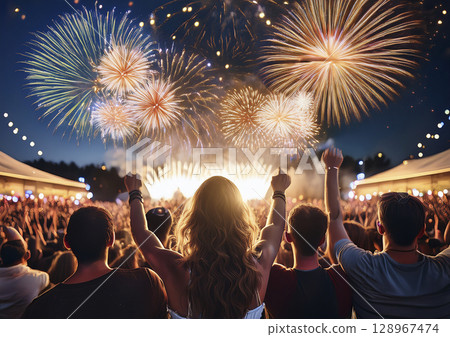 People gather and enjoy an outdoor festival with fireworks bursting into the night sky People gather and enjoy an outdoor festival with fireworks bursting into the night sky 128967474