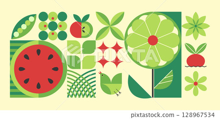 Bauhaus plant mosaic with geometric fruit patterns 128967534