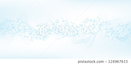 Colorful molecules background with DNA helix, DNA strand, DNA Test. Molecule or atom, neurons. Abstract structure for science, healthcare or medical background, banner. Scientific vector illustration 128967615