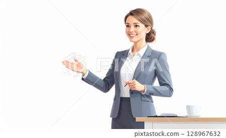 AI image: A young businesswoman explaining 128967632