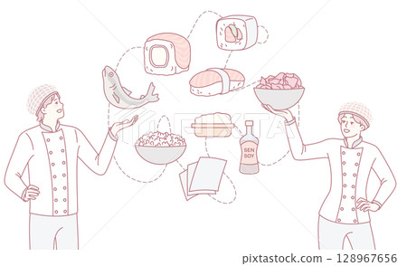 An illustration showcasing creative sushi along with various culinary preparation techniques An illustration showcasing creative sushi along with various culinary preparation techniques 128967656