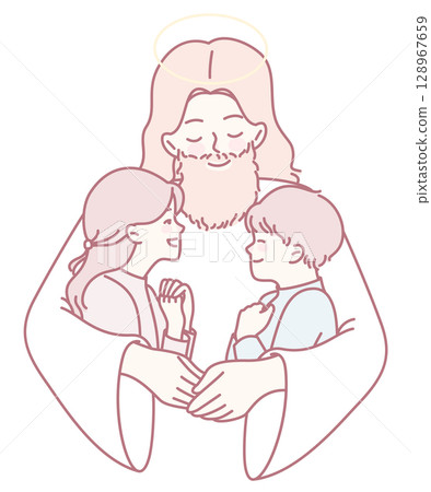 Embrace of Comfort Illustration of Jesus Surrounded by Children Instilling Love and Care 128967659