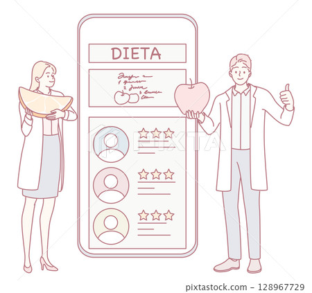 Concept for a Healthy Diet App includes Nutritionists, Fresh Fruits, and valuable insights 128967729
