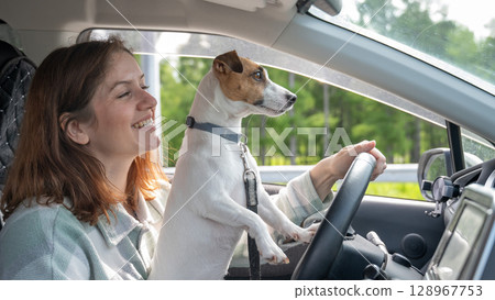 Caucasian woman traveling by car with her dog.  128967753