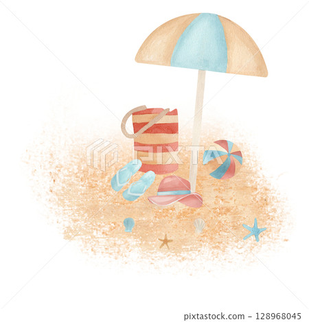 Watercolor style summer beach scene with umbrella, striped bag, flip flops, hat, ball, shells, and sand. Perfect for scrapbooking, seasonal product packaging, invitations, and travel themed goods 128968045