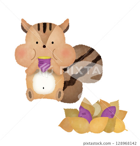 水彩風格的秋季松鼠和烤地瓜插圖 | 可愛，動物，透明背景PNG 128968142