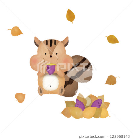 水彩風格的秋季松鼠和烤地瓜插圖 | 可愛，動物，透明背景PNG 128968143