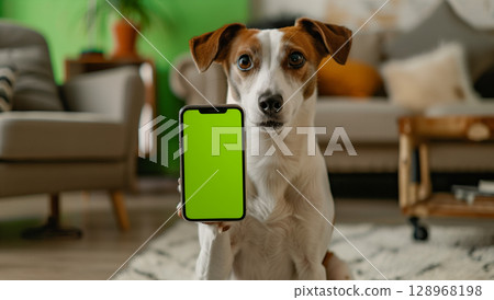Adorable dog holding phone with green screen in scenic home setting 128968198
