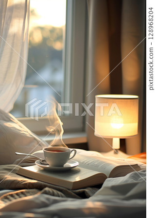 Cozy evening ritual with open book, steaming tea, and warm lamp on bedside table 128968204