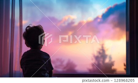 Silhouette of a thoughtful child gazing from a window against a bright background 128968205
