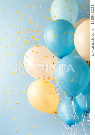 A colorful display of blue and yellow balloons with confetti on a bright background 128968221