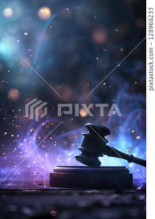 Fantasy illustration of a gavel on a podium surrounded by glowing blue lights 128968233