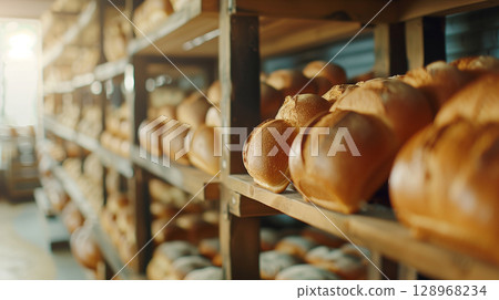 Close-up of various fresh breads displayed artistically on bakery shelves Close-up of various fresh breads displayed artistically on bakery shelves 128968234