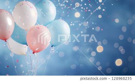 A colorful display of blue and white balloons with confetti on a bright background 128968235