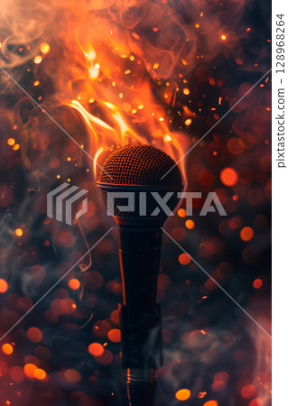 A microphone engulfed in flames at a blurred concert arena with space for text A microphone engulfed in flames at a blurred concert arena with space for text 128968264