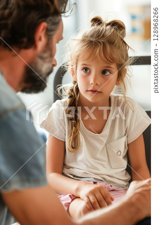 Compassionate therapist giving attentive support to a young girl during counseling session 128968266