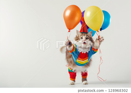 Adorable and playful fluffy cat dressed as a clown with colorful balloons 128968302
