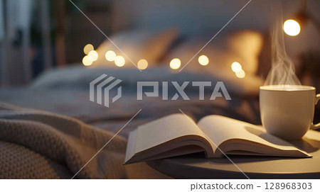 Cozy evening ritual with open book, steaming tea, and warm lamp on bedside table 128968303