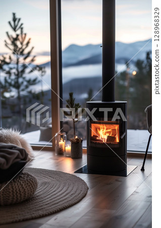 A cozy evening: modern wood stove with burning fire in a sparse living room 128968329