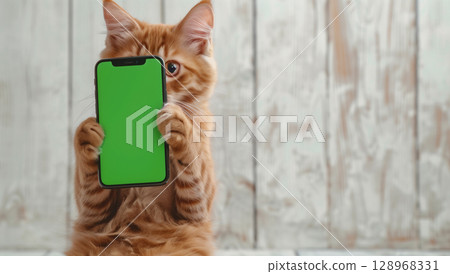 Cute orange cat sitting on hind legs with phone with green screen on light background 128968331