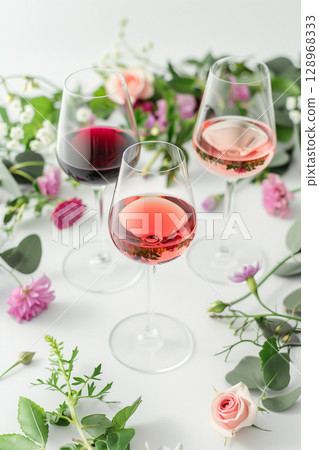 Beautiful overhead shot of assorted wine glasses with pink roses on a white background Beautiful overhead shot of assorted wine glasses with pink roses on a white background 128968333
