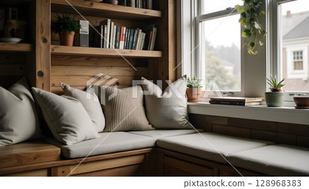 Cozy Reading Nook with Soft Cushions and Potted Plants in a Warm Wooden Interior 128968383