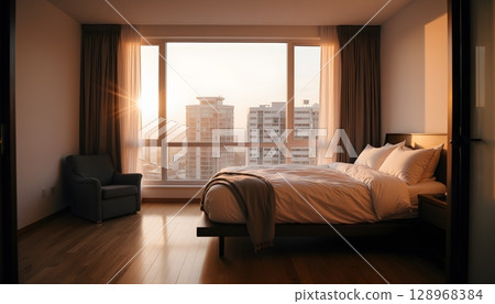 Cozy Modern Bedroom with Sunlight Streaming Through Large Window Overlooking Cityscape 128968384