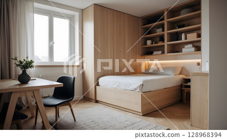 Cozy Minimalist Bedroom Design with Natural Wood Furniture and Bright Natural Light Cozy Minimalist Bedroom Design with Natural Wood Furniture and Bright Natural Light 128968394