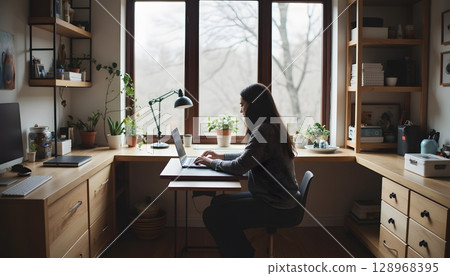 Cozy home office with natural light, plants, and modern workspace for remote work productivity Cozy home office with natural light, plants, and modern workspace for remote work productivity 128968395