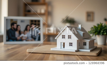 Realistic Home Model Displayed on Table with Blurred Family Portrait in Background 128968396
