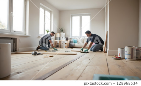 Skilled Workers Installing Wooden Floor in Modern Living Room with Natural Light and Minimalist Decor 128968534