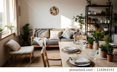 Cozy Minimalist Living Room with Natural Elements and Indoor Plants for Relaxed Atmosphere 128968543