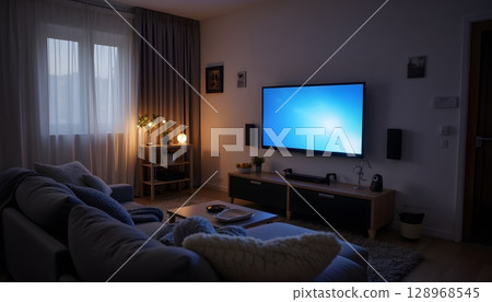 Cozy Modern Living Room with Soft Lighting and Minimalist Decor in Evening Atmosphere Cozy Modern Living Room with Soft Lighting and Minimalist Decor in Evening Atmosphere 128968545