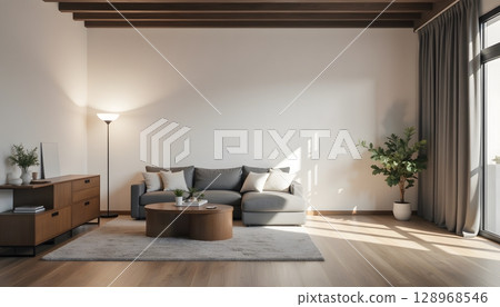 Modern Living Room with Cozy Sofa, Wooden Furniture, and Natural Light in Contemporary Design Modern Living Room with Cozy Sofa, Wooden Furniture, and Natural Light in Contemporary Design 128968546