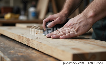 Hands Using Hand Plane on Wooden Plank in Workshop for Craft and DIY Projects Hands Using Hand Plane on Wooden Plank in Workshop for Craft and DIY Projects 128968551