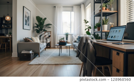 Bright Modern Living Space with Cozy Furniture and Stylish Decor for Home Office Inspiration 128968560