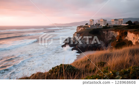 Sunset Over Serene Coastline with Ancient-Looking Pillars and Waves Crashing on Rocks 128968608