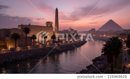 Serene Sunset Over Egyptian River with Historical Monuments and Palm Trees in the Background 128968626