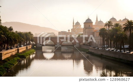 Serene Morning View of a Historic Bridge Surrounded by Palm Trees and Soft Misty Landscape 128968627