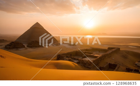 Majestic Pyramid Under Golden Sky at Sunrise Over Desert Landscape with River in Background 128968635