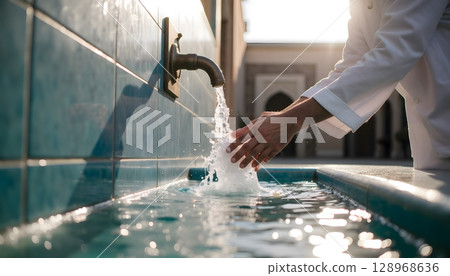 Hand Reaching for Water from Antique Faucet in Sunlit Outdoor Pool with Colorful Tiles Hand Reaching for Water from Antique Faucet in Sunlit Outdoor Pool with Colorful Tiles 128968636