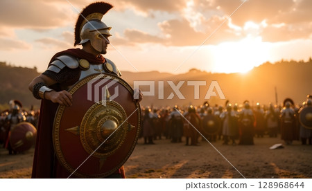 Ancient Warrior in Armor with Shield at Sunset on Battlefield with Group of Soldiers in Background 128968644