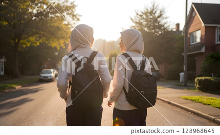 Two Young Women Wearing Hijabs Walking Together on a Quiet Street during Sunrise 128968645